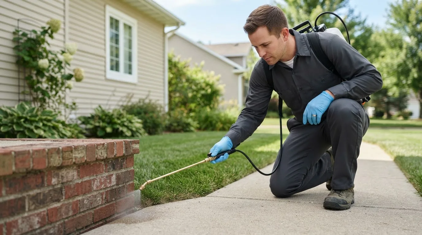 Pest control technician treating a home near Lindon, CO
